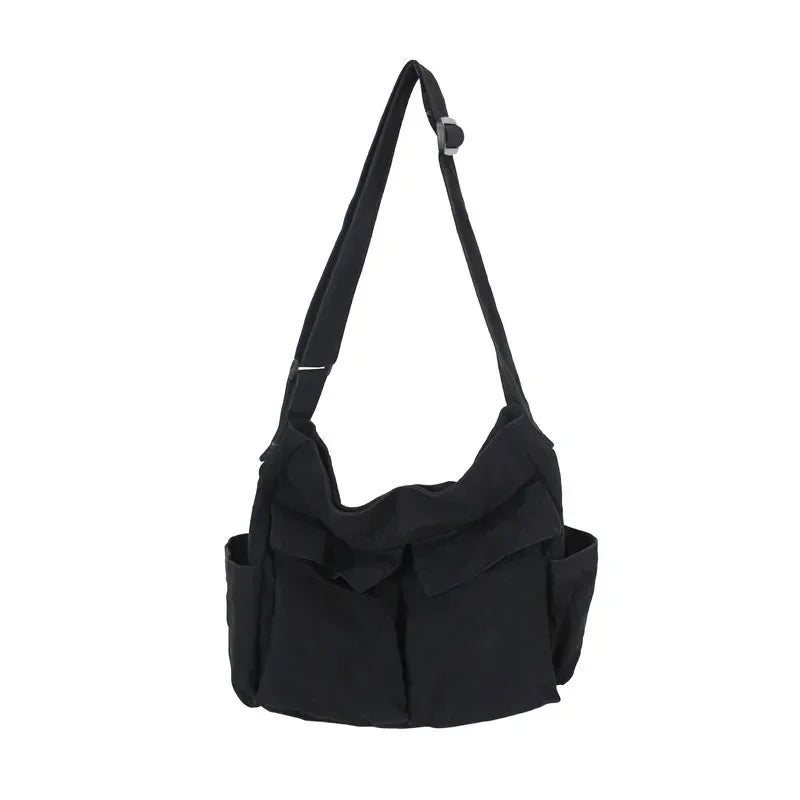 Women's Campus Messenger Bag Large Capacity Solid Color Canvas Shoulder Backpack Casual Handbag