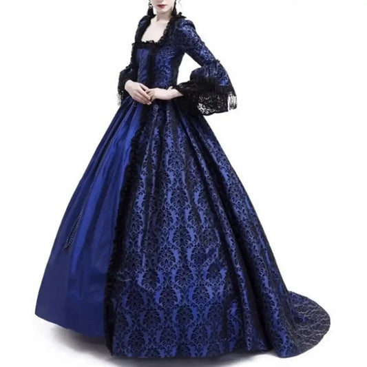Women Vintage Medieval Gothic Square Neck Flare Sleeve Lace Patchwork Maxi Dress bodycon dress dresses