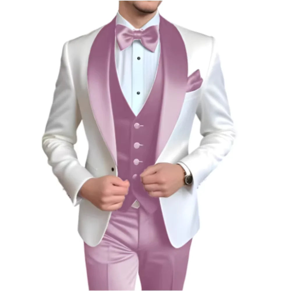 Solid Color Slim Fit Men's Tuxedo 3-Piece Set Fashion Business Wedding Suit with Shawl Lapel Blazer Vest Pants for Groom Party