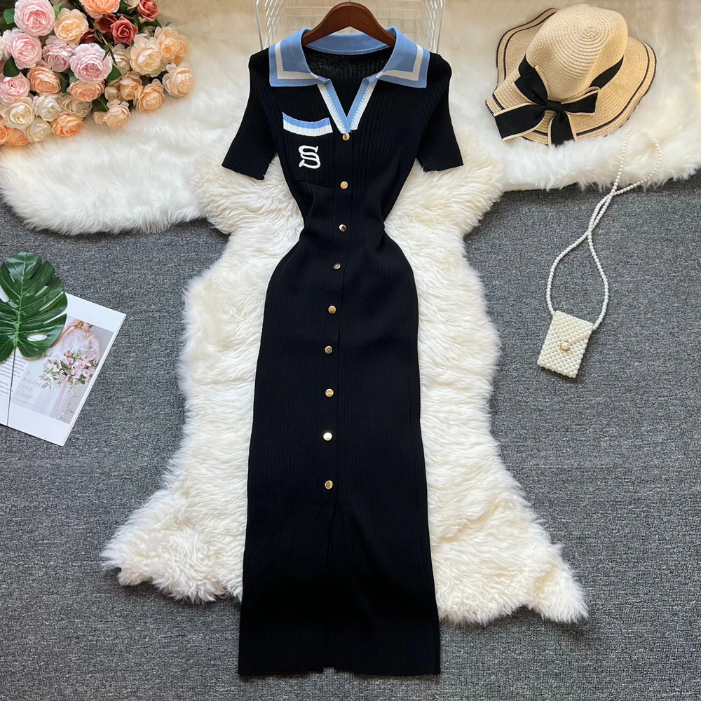 Fashion Summer Knitted Dress Women 2025 New Y2K Embroidery Long Bodycon Sweater Dress Streetwear Lady Vestidos