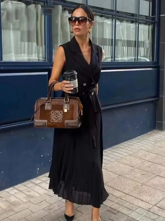 Dress Women Pleated Vests Long Dresses for Women 2024 Sleeveless Office Party Dress Ruched Midi Evening Dresses
