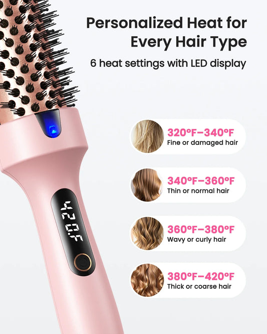 Ionic Thermal Brush Dual Voltage 6 Temperature Settings & LED Digital Display For Curling And Straightening Hot Air Styler