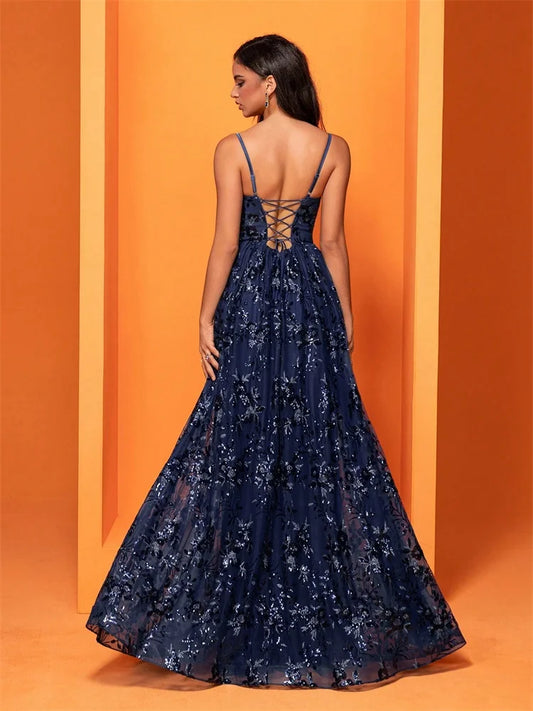 Elegant Sequins Sexy Backless Evening Dress For Women Deep V-neck Prom Party Dress Floor Length Blue Formal Gowns