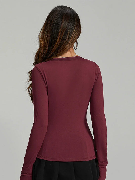 Women y2k Long Sleeve Bodycon T-Shirts Sexy V Neck Low-cut Solid Color Soft Slim Fit Tops Spring Fall Casual Going Out Tee Top