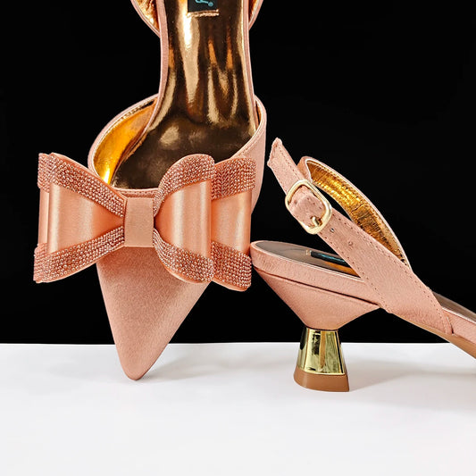 Italian Design High Quality Elegant Butter-fly Design Decoration Peach Color Party Wedding Women Shoes and Bag