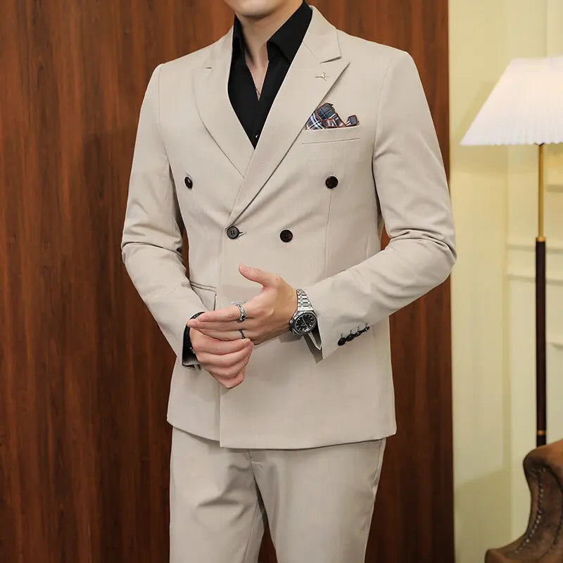 ( Blazers + Pants ) Boutique Fashion Solid Color Double-breasted Men's Casual Business Slim Suit 2-piece Set Groom Wedding Dress