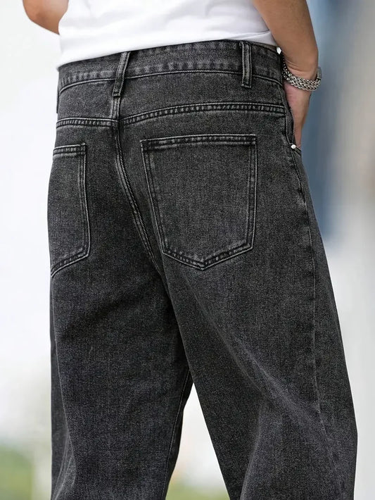 Men's Dark Grey Straight Leg Jeans - Minimalist Casual Denim Pants