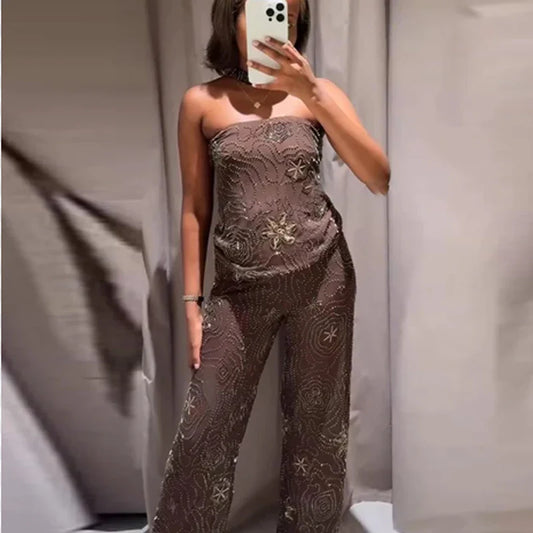 Corset Crop Tops For Woman Strapless Haler Top Women Summer Tulle Beaded Sequin Top Backless Semi Sheer Sexy Bandeau Top