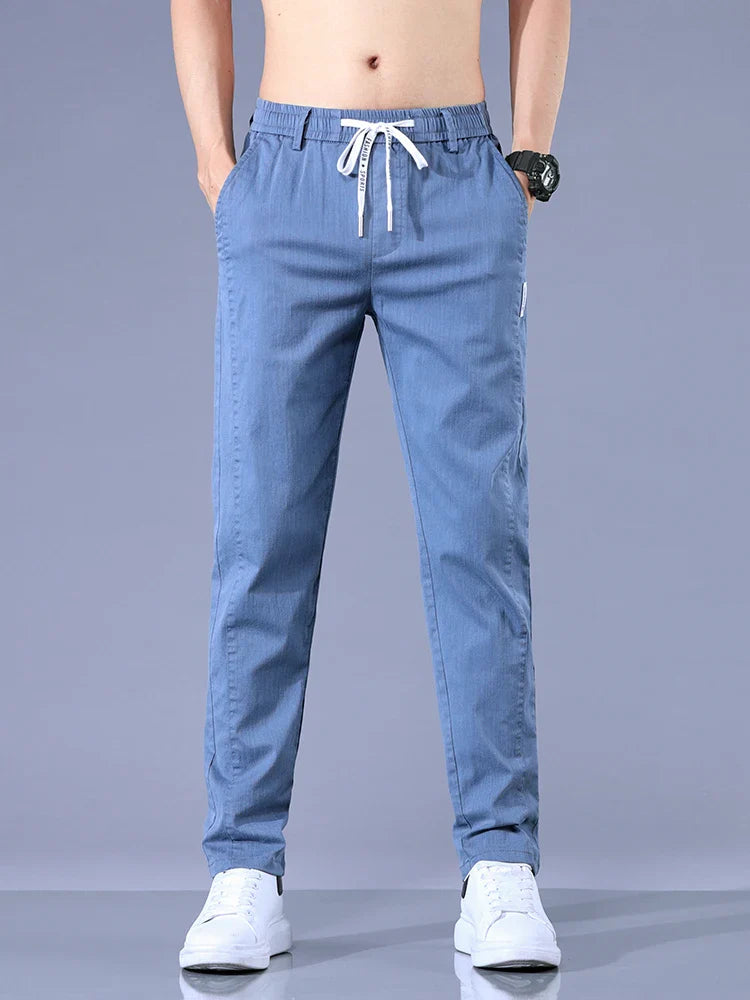 Size 28-38 Thin Casual Pants Mens Slim Simple Cotton Stretch Spring Summer Trousers Elastic Waist Drawstring Jogging Sweatpants