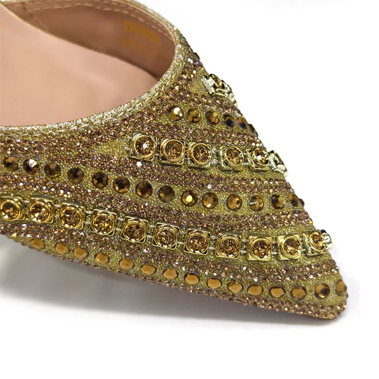 Luxurious Italian Women's Party Shoes & Bag Set – Elegant Golden Rhinestone Spring/Summer Sandals with Pointed High Heels f