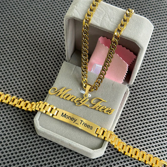 New Men's Name Bracelet Necklace Set Stainless 5mm Cuban Chain Large Nameplate Pendant Carved Name Bracelet Custom Set Jewelry