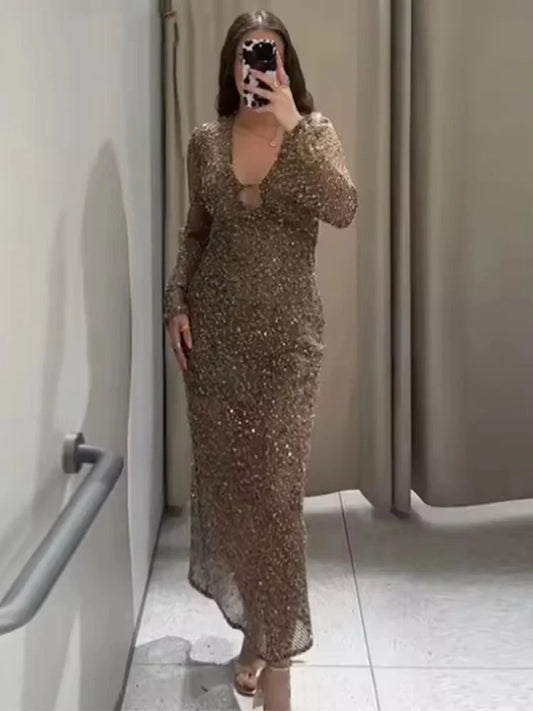 Sexy Sequined Long Pleated Dress Women Deep V-neck Full Sleeve See Through Dresses 2026 Summer Lady Party Evening Dresses 
