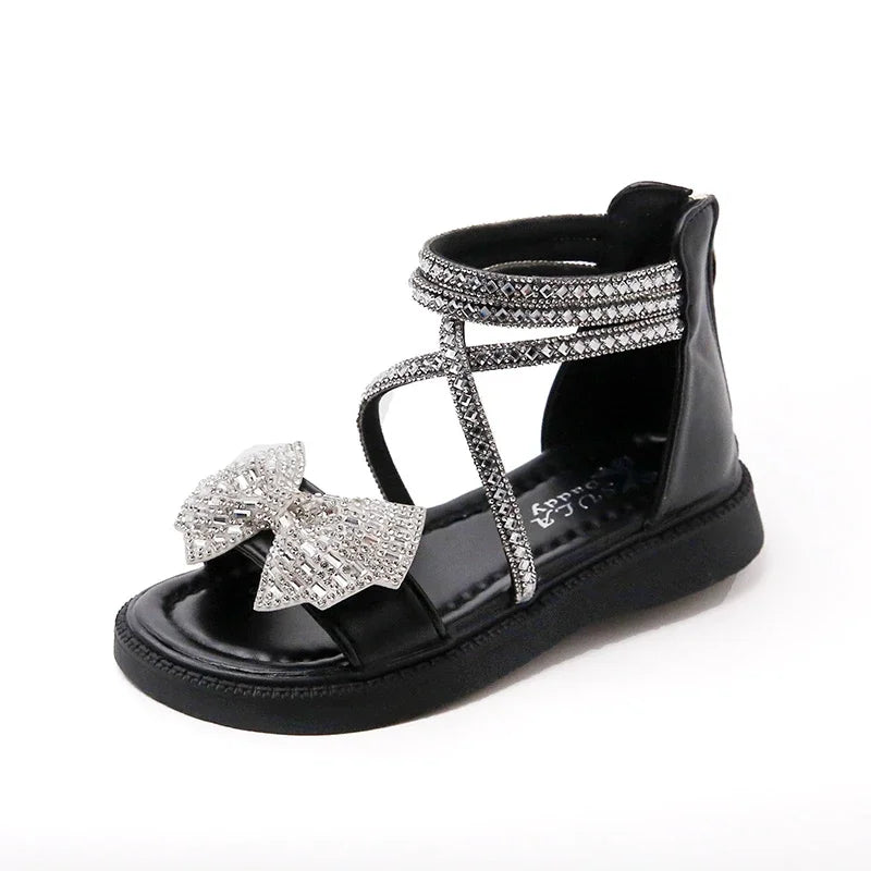 Girls' Shiny Cool Rhinestone Bowknot Children's Sandals 2023 Summer Open-toe Versatile Kids Fashion Back Zipper Casual Shoes New