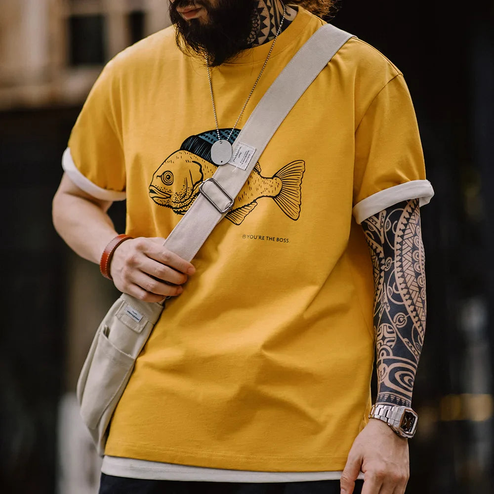 Maden Vintage Flocked Print Short-sleeved T-shirts Animal Pattern Cotton Round Neck Tops for Men's Summer Casual Loose Fit Tee