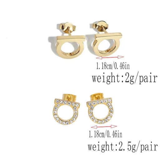 2Pcs of Simple and Luxurious D-shaped Stainless Steel Stud Eearrings Inlaid Sparkling Cubic Zircon Ear Piering Jewelry