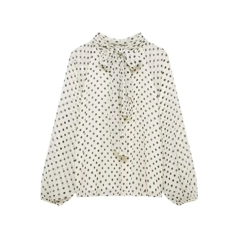 Elegant Women Polka Dot Blouse, Spring Bow Tie Lantern Sleeve Layered Neck Chiffon Shirt, Casual Daily Office Top