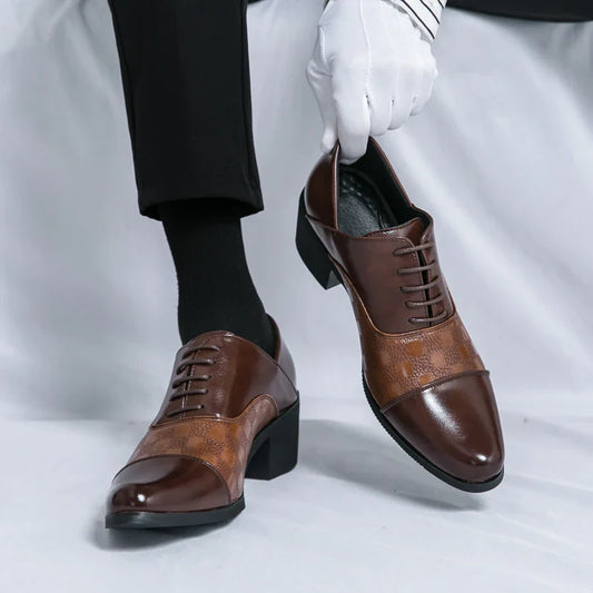 Elegant Mens Dress Shoes Retro Brown Pointed Toe Leather Shoes For Man British Style 6cm High Heeled Shoes Men zapatos de hombre