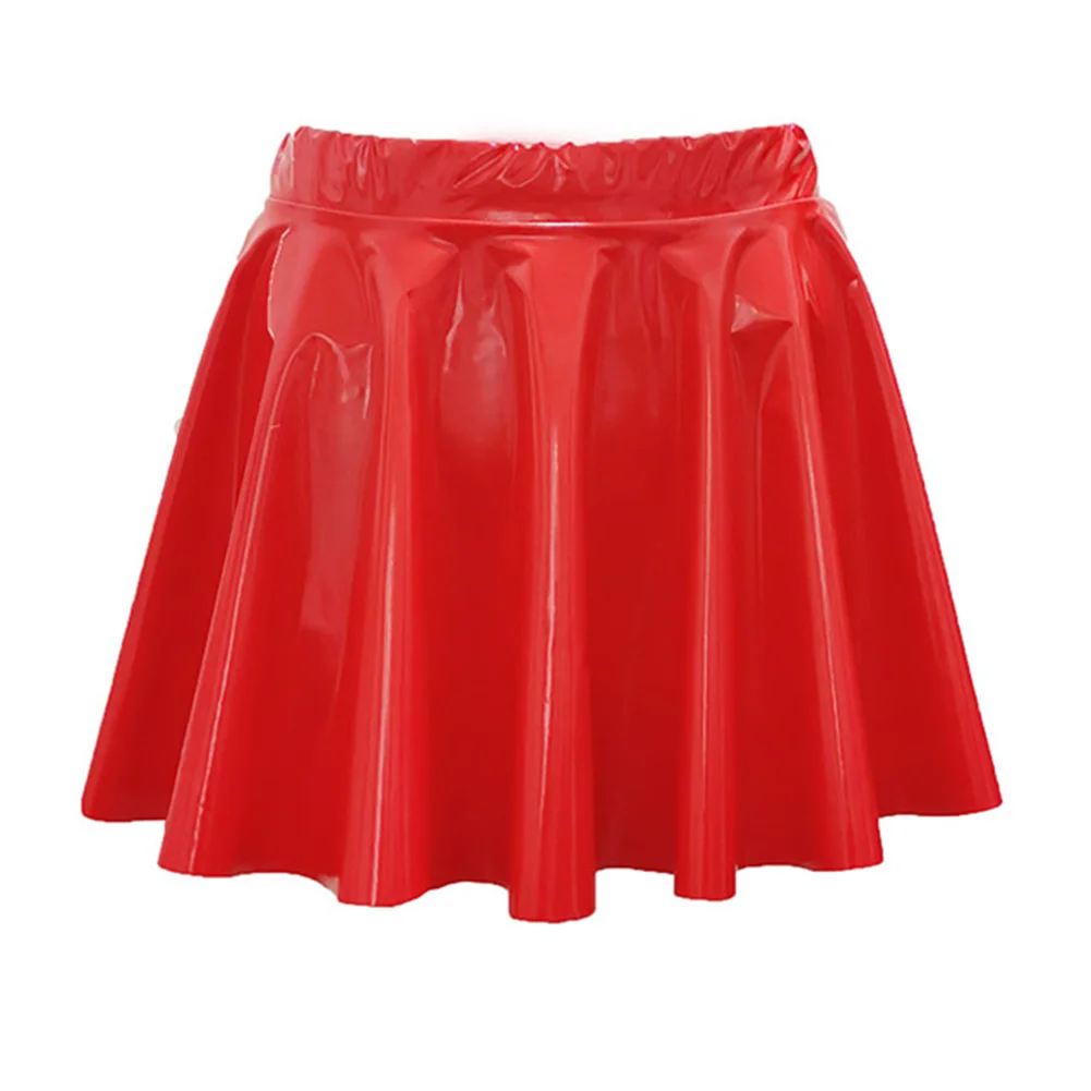 Women PVC Leather Skirt Pleated Short Skirt Flared A Line Skater Skirts Clubwear Dance Elastic Latex Mini Glossy Short Dress