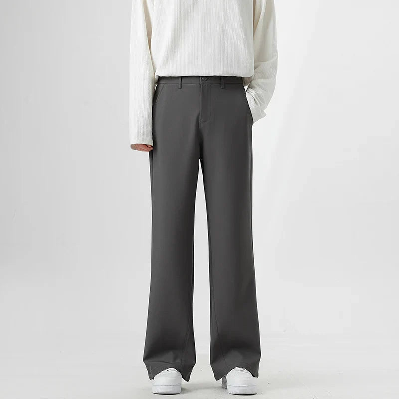 Men's Korean Fashion Small Flared Suit Pants Elastic Waist Drape Loose Straight Solid Color Business Office Casual Male Trousers