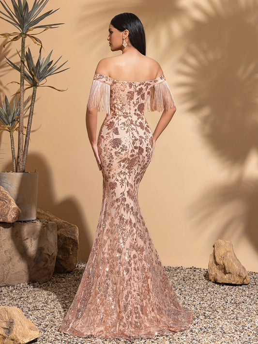 Off-the-shoulder sequined tassel sleeve slit dress