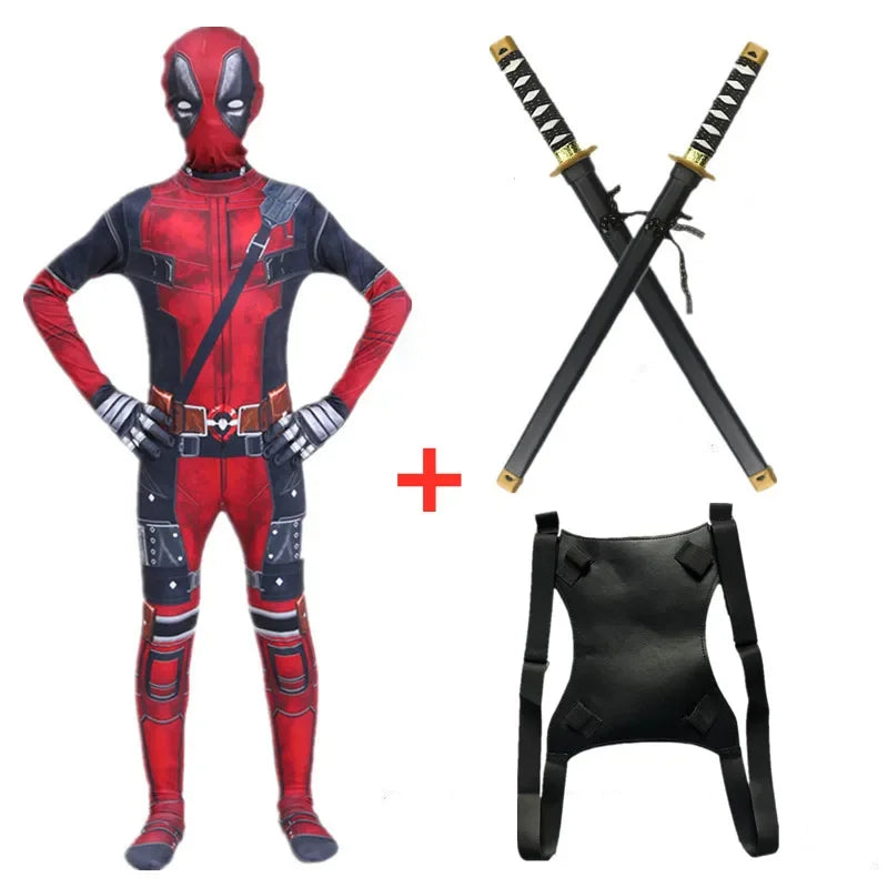 Deadpool Movie Superhero Costume for Kids Justice Hero Bodysuit Halloween Mask Performance Costume Toddler Party with Toy Gift