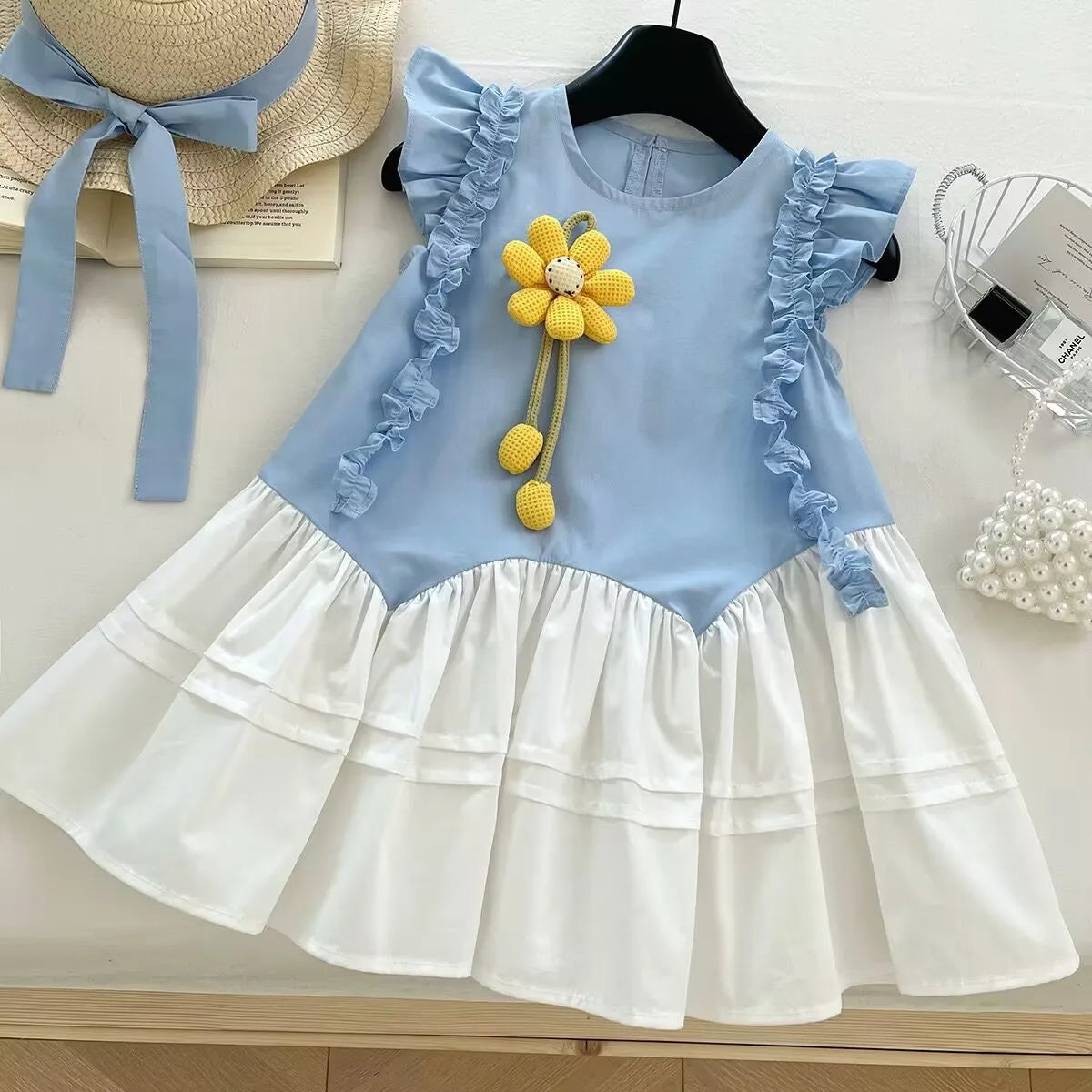Girls Casual Dresses Bohemian Dimensional-Flower Patchwork Sundress Kids Dresses for Girls 2 To 7 Years Flower Girl Dresses