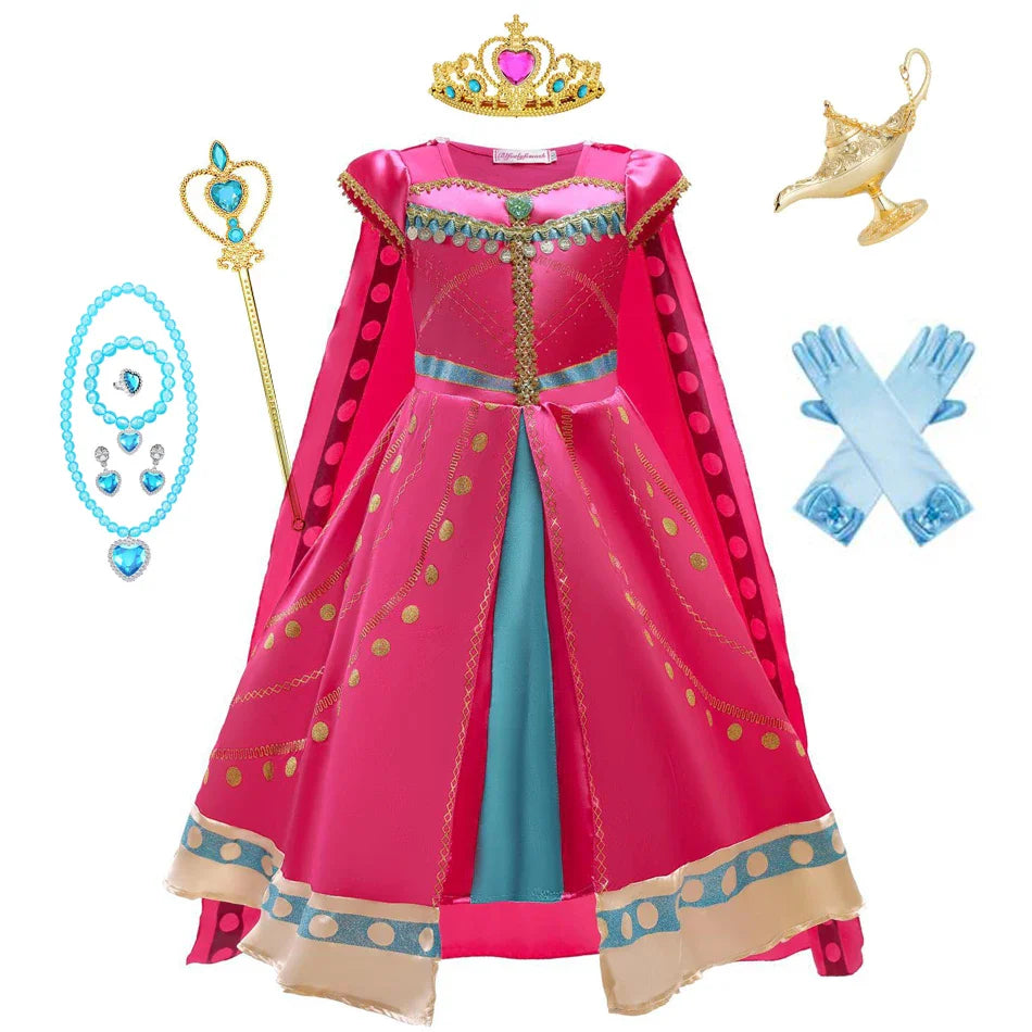 Fantasia de Princesa para Meninas Vestido Árabe para Crianças Cosplay Aladdin Festa de Natal Halloween com Luvas Coroa Varinha Acessórios