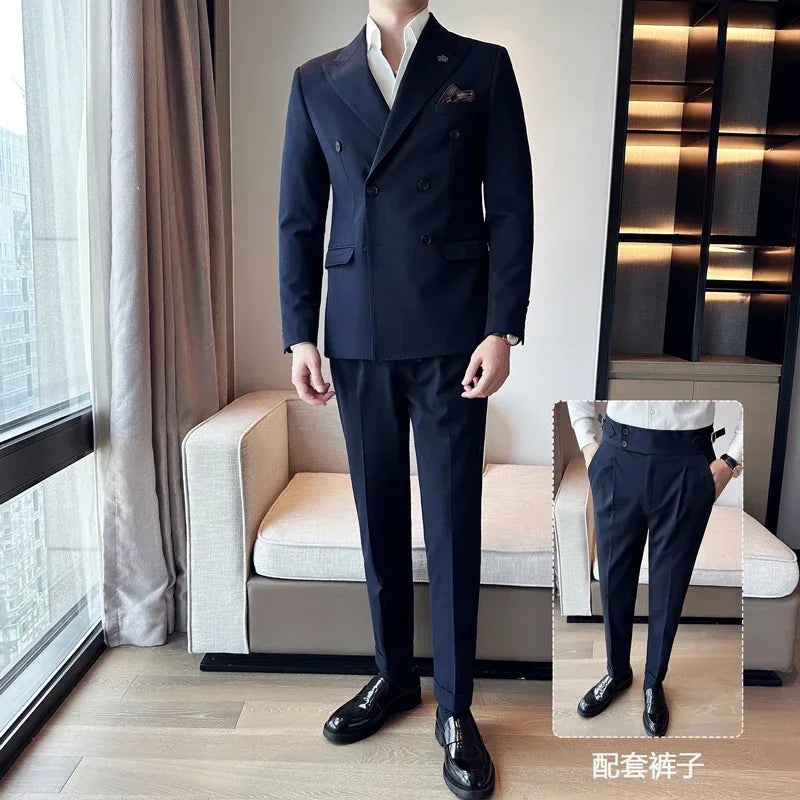 (Jackets+Pants) Luxury Double Breasted Design Slim Fit Suit High Quality Fashion Men's Wedding Social Suit Tuxedo 2 Piece Set
