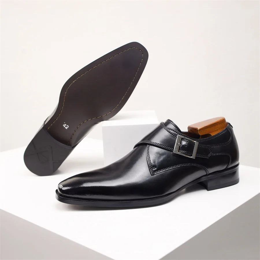 Men's Cow Leather Shoes Buckle Pointed Dress Shoes Men Classic Business Formal Social Office Party Wedding Shoes