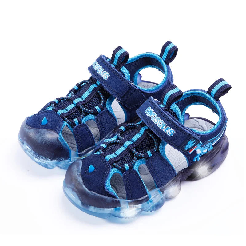 LED Children Sandals Summer Boys Girls Genuine Leather Luminous Sole Light Up 2023 Kids Outdoor Casual Beach Shoes