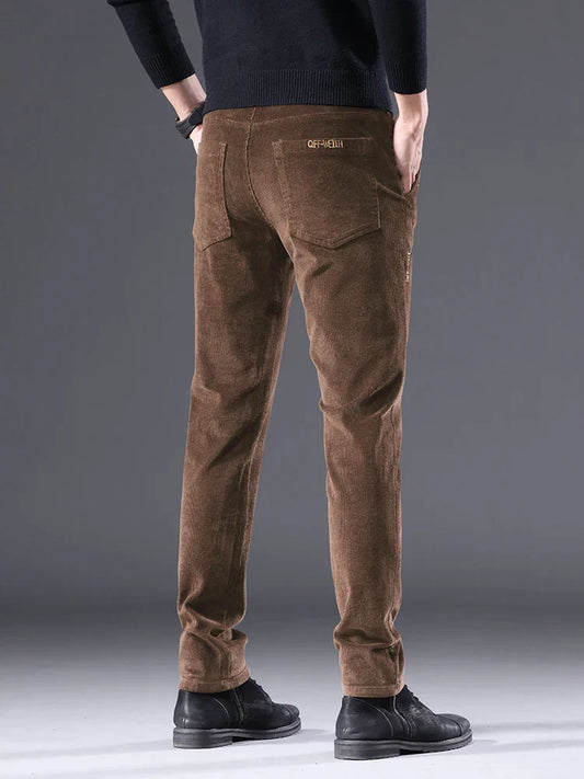 Autumn New Men's Corduroy Slim Casual Pants Coffee High Quality Fashion Comfortable Stretch Straight Trousers Solid Color Male