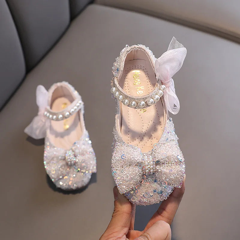 Toddler Girl's Princess Shoes Sequins Lace Bowknot 21-36 Children Mary Janes Three Colors Luxury Trendy Party Kids Shoes Flats