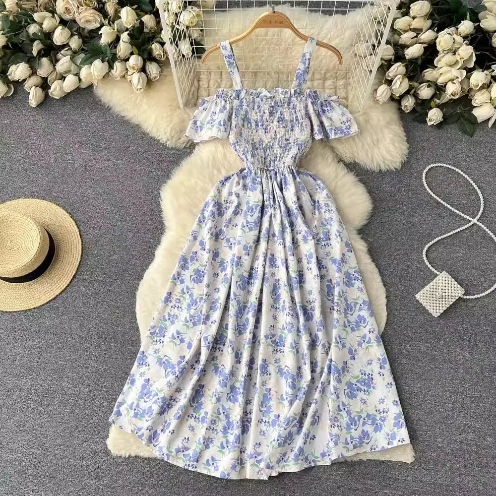 Romantic Floral Print Long Summer Dress Women Fashion Off Shoulders Straps Vacation Beach Dress Korean Party Vestidos