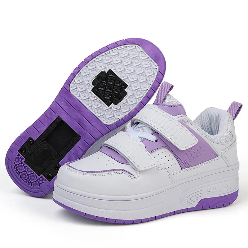 Autumn 2025 Kids Walking Shoes Detachable Double Wheel Roller Skates Boy Leather Student Shoe Four Wheeled Children Shoes Girl