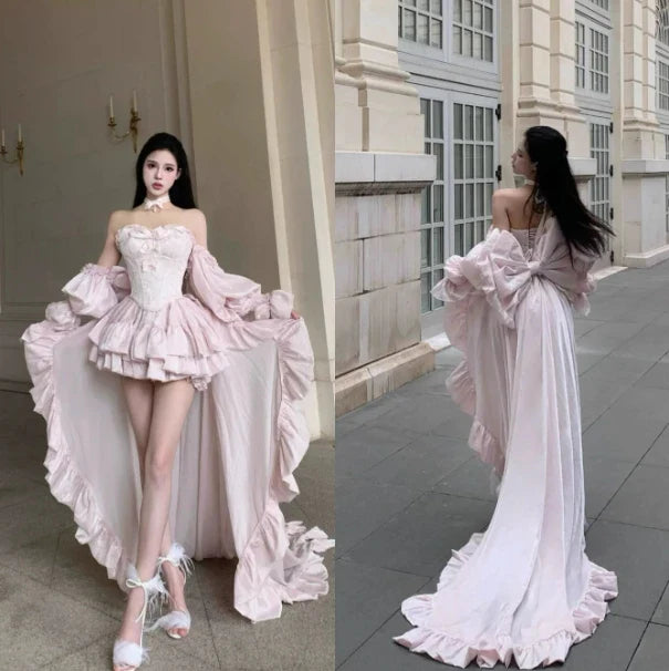 High Street Women's Mint Green Strapless Bowknot Sweet Fairy Organza Dress 2024 New Elegant Big Bow Trailing Party Wedding Dress