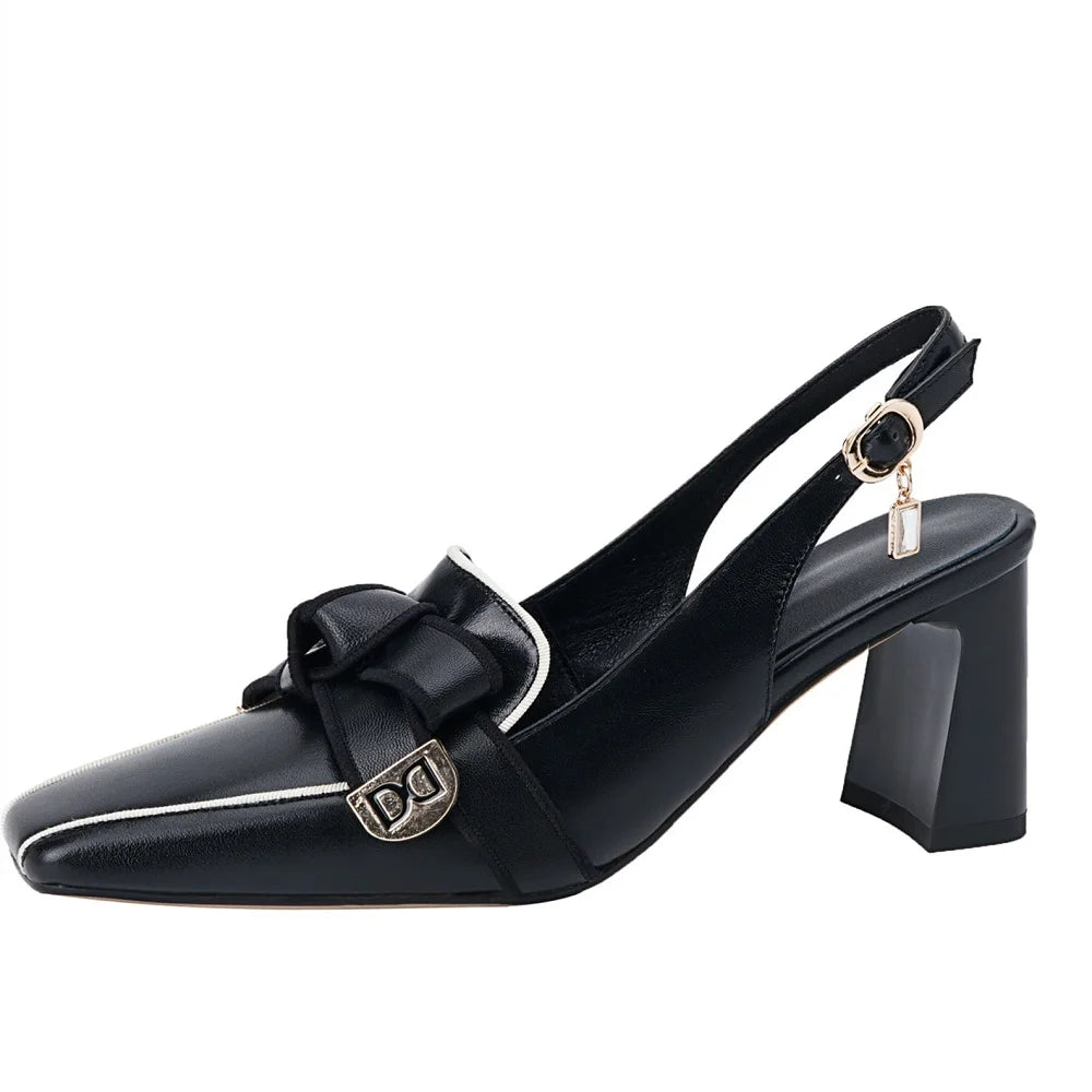 2025 French Style Genuine Leather Sandals Women Covered Toe Butterfly Knot Party Dating Sandals Office Ladies Pumps