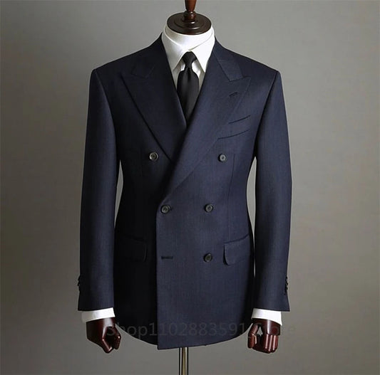 Fashion 2 Pieces Blazer Pants Men Suits Double Breasted Buttons Peaked Lapel Formal Party Wedding Groom Tuxedo (Jacket+Pants))