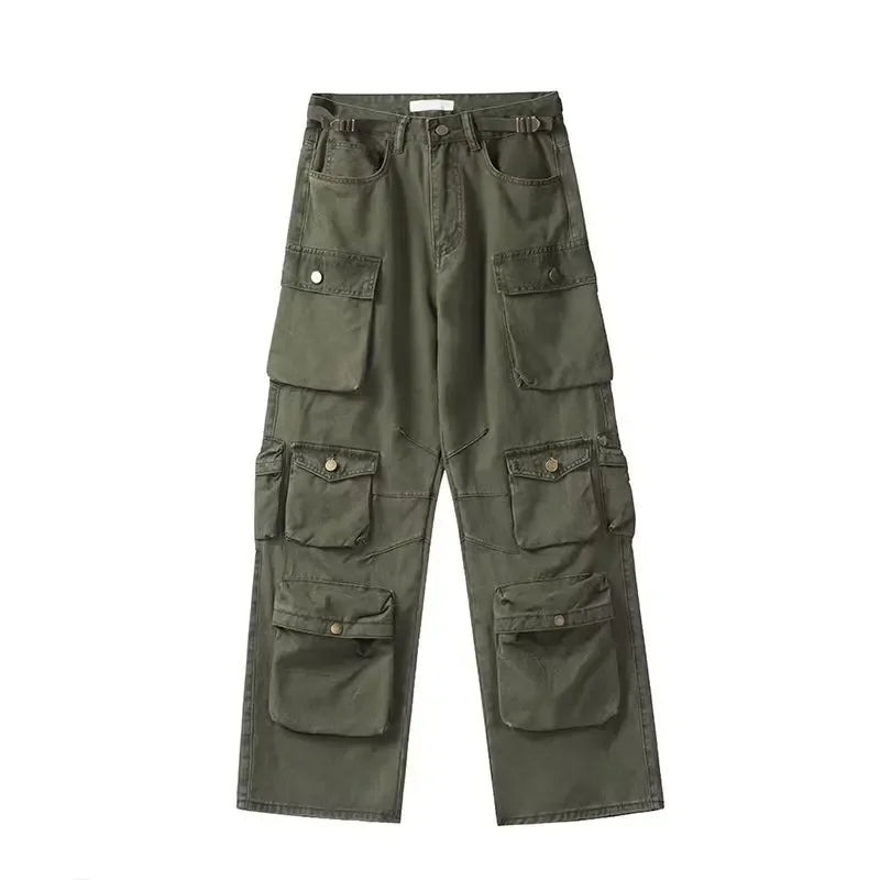 2025SS New Men's Casual Hip-hop Multi Pocket Functional American Retro Brand Fashionable Straight Leg Wide Leg Work Pants Y2K