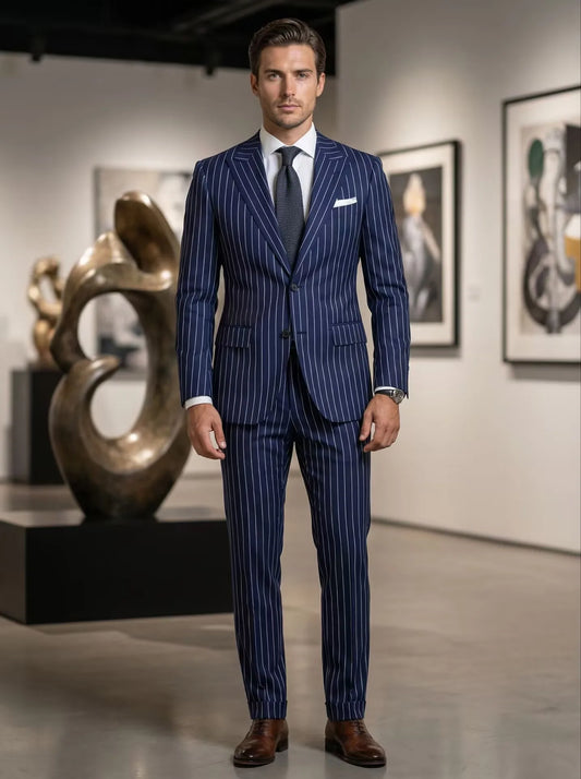 Two Piece Pinstripe Men's Suit Slim Fit for Formal Wedding Tuxedo Notched Lapel Navy Blue Striped Business Groom Male Fashion