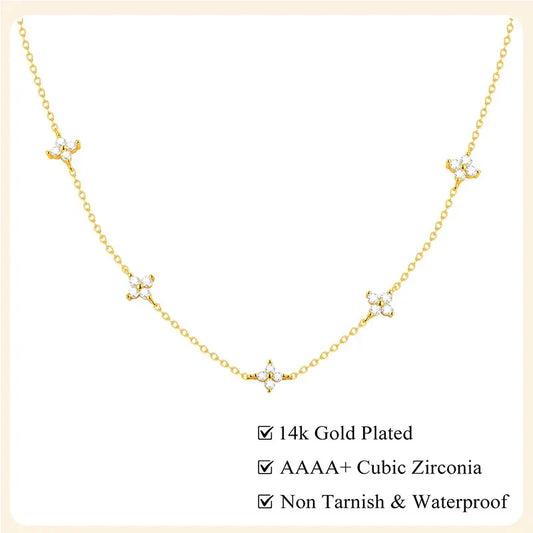 Dainty Lucky Leaf Necklace for Women 925 Sterling Silver Trendy 14K Gold Plating Cute White CZ Flowers Pendant Choker Necklaces