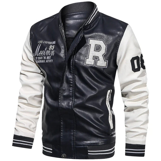 Spring and Autumn Men's Motorcycle Suit Leather jacket Color blocking American baseball collar pilot casual PU leather jacket