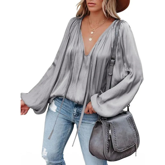 Plus Size Fashion Long Sleeve V Neck Office Casual Shirt Women Elegant Simple Loose Blouse Ladies Pleated Solid Color Top