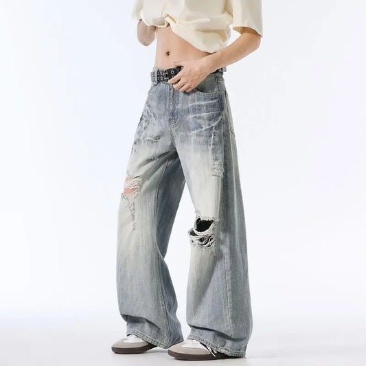 Male Ripped Pants Stretch Solid Blue Casual Men's Wide Leg Trousers Office Work Denim Pants Autumn Korean Vintage Straight Pants