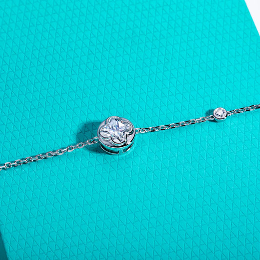 2ct (7x7mm) Four-Leaf Clover Cut Moissanite Bezel Bracelet 925 Sterling Silver 16+2cm Bracelets for Women Jewelry Gift