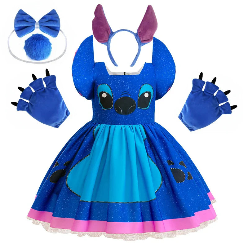 Girl's Dress Cartoon Stitch Movie Dress Cosplay Costume Stage Performance Halloween Carnival Children's Dress Up 12Yrs