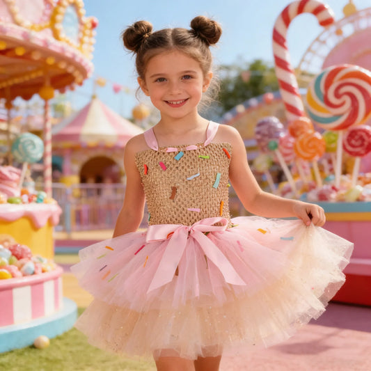 2026 Purim Girls Candy Icecream Dress Handmade Mesh Tutu Dress Childrens Birthday Carnival Party Ball Gown With Icecream Balloon
