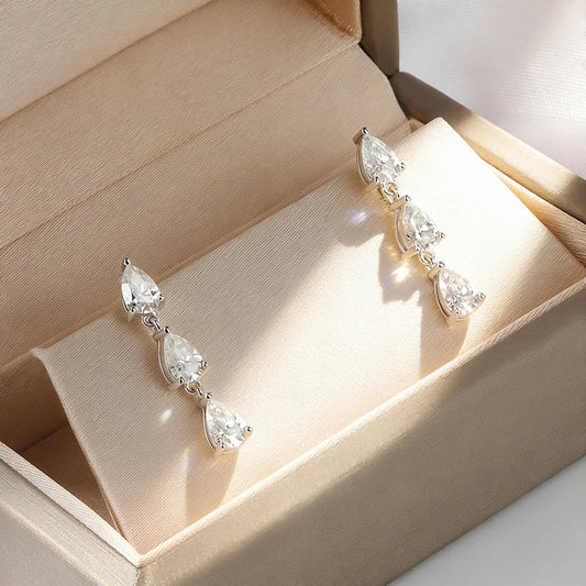 4*6MM Pear Cut Women Full Moissanite Drop Earrings for Girls 3 Gems Dating Jewelry S925 Solid Silver Lab Diamond Gift