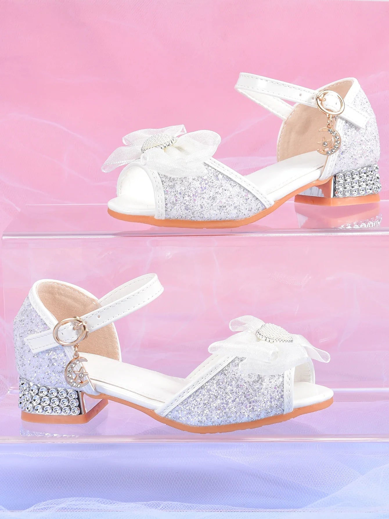 Girls' Crystal Heel Bowknot Dress Sandals, White Sparkly Princess Party Shoes For Children