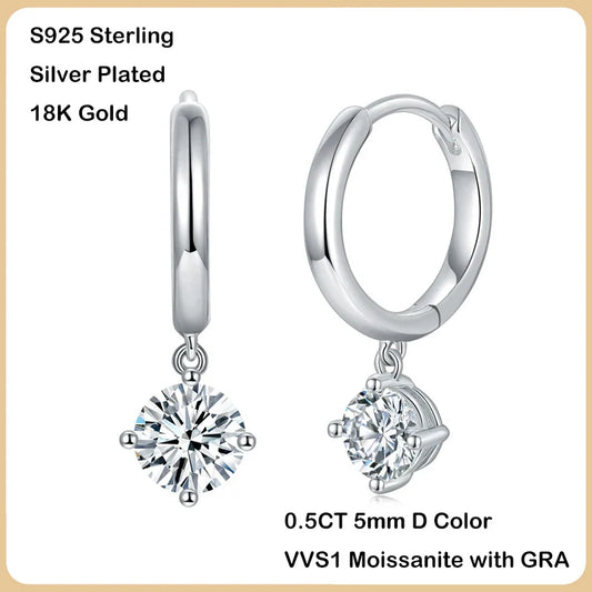 100% Real 0.5 Carat 5mm D Color Moissanite Diamond Drop Earrings Women’s S925 Silver Plated 18K Yellow Gold Tassel Earring