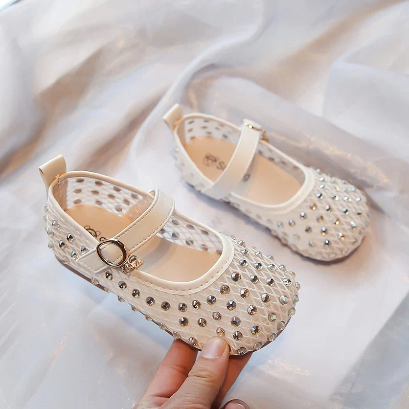 Summer Toddler Girls Princess Rhinestone Mesh Mary Jane Shoes Round Toe Hook Loop Non-Slip Soft Sole Casual Daily Walking Shoes
